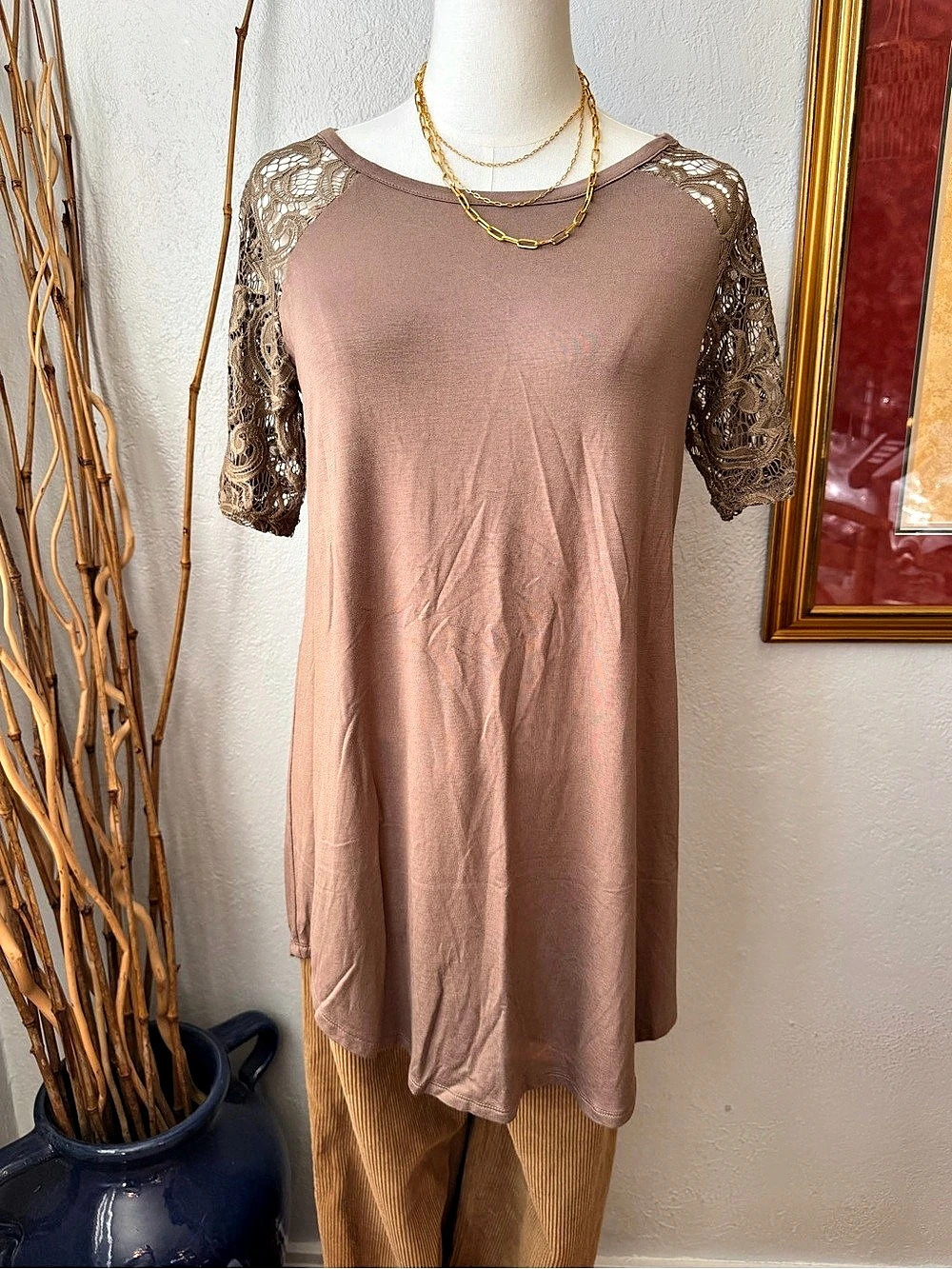 Zenana Signature Lace Sleeve Tunic Brown Size Medium